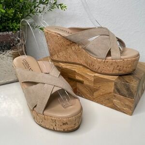 Cordani Devon Suede Cork Wedge Platform Slide Sandals Beige/Crosta Corda Size 9